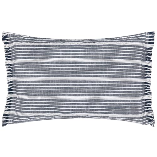 Yard Tide Cotton Outdoor Cushion Cover – Textured Striped Garden Cover with Ruffle Trim (Navy - Cushion Cover Only, 60 x 40 cm)