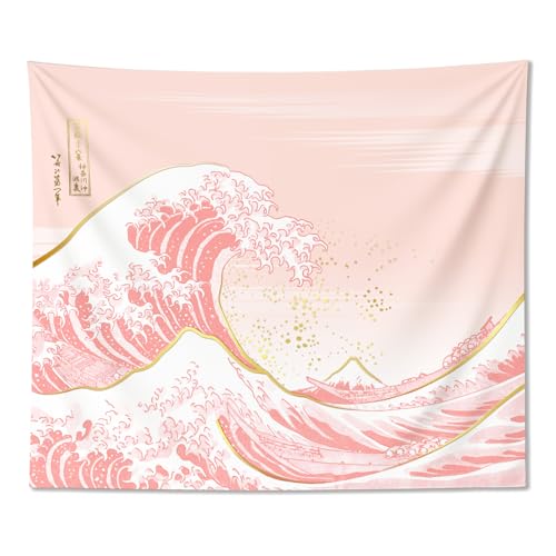 "Ovenbird Wave Tapestry Pastel Pink and Gold, Japanese Wall Hanging for Bedroom Aesthetic, 59"" X 51"""