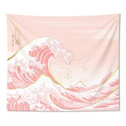 "Ovenbird Wave Tapestry Pastel Pink and Gold, Japanese Wall Hanging for Bedroom Aesthetic, 59"" X 51"""