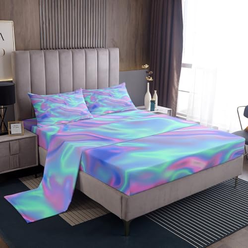 Tie Dye Fitted Sheet Queen, Colorful Print Sheet Set, Psychedelic Luxury Soft Lightweight Bedding, Green Purple Home Decor Sheet Sets with Deep Pocket, 1 Flat Sheet, 1 Fitted Sheet, 2 Pillowcases
