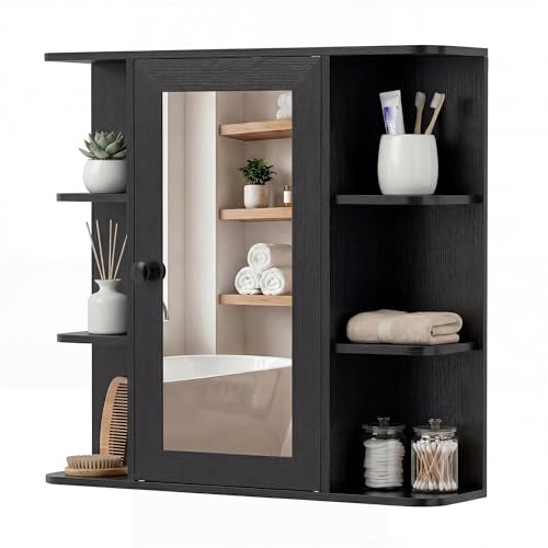 CASART Bathroom Mirror Cabinet, Wall Mounted Storage Cupboard with Single Door and Open Shelves, Wooden Medicine Cabinet Display Organizer Unit for Kitchen Living Room (Black, 66 x 16.5 x 63cm)