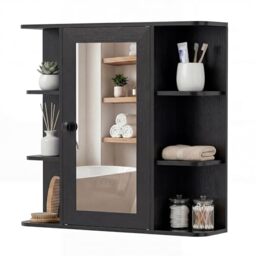 CASART Bathroom Mirror Cabinet, Wall Mounted Storage Cupboard with Single Door and Open Shelves, Wooden Medicine Cabinet Display Organizer Unit for Kitchen Living Room (Black, 66 x 16.5 x 63cm)