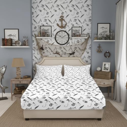 Hunt Fishing Fitted Sheet Full Size,Sketch Black White Fishhooks Print Bedding Set for Kids Boys Men Adult Bedroom Decor,Hunting Fish Bed Sheets Modern Soft Deep Pocket Sheet,2 Pillowcases