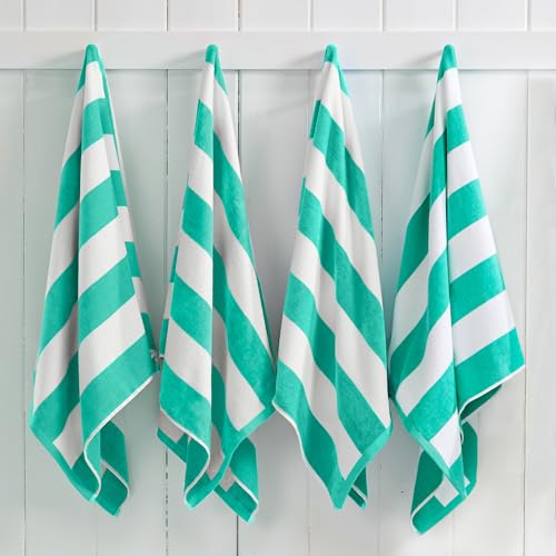 "Great Bay Home 100% Cotton Velour Oversized 4 Pack Beach Towels 35"" x 70"" - Teal Cabana Pool Towels - Quick Dry, Large Swim Towels for Adults and Kids"
