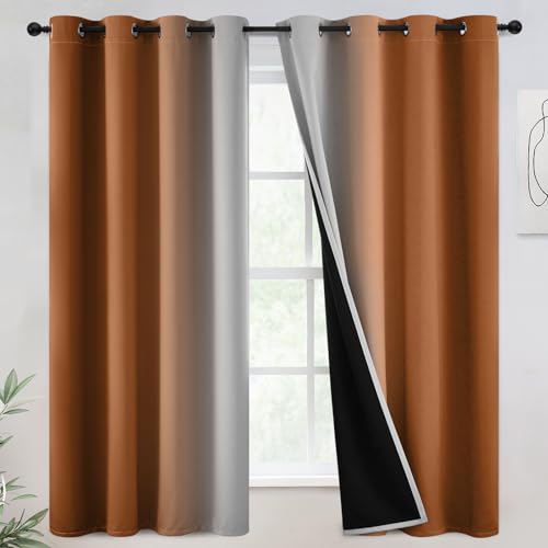 COSVIYA 100% Blackout Curtains & Drapes Ombre Burnt Orange Curtains 63L - Full Room Darkening Grommet Gradient Insulated Thermal Window Curtains for Bedroom/Living Room,52Wx63L inches???2 Panels