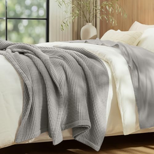 "PHF Reversible Waffle & Muslin Throw Blanket Large 50"" x 70"", 100% Cotton 400GSM Breathable Lightweight and Soft, Luxury Aesthetic Waffle Gauze Blanket for Home Decor, Frosted Grey"