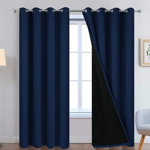 "Yakamok Navy Blue 100% Blackout Curtains 90 Inches Long 52"" Wide, 2 Panels - Blackout Curtain Panels for Bedroom, 2 Thick Layers Grommet Top Thermal Insulated Drapes with Black Liner for Living Room"