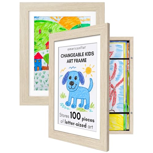 Americanflat - 2 Pack - Kids Artwork Display Frame Changeable (Light Wood) - Magnetic Door Holds 100 Art Pieces - A4 Size Display with Mount or 10x12.5 Without Mount - My Mini Masterpiece