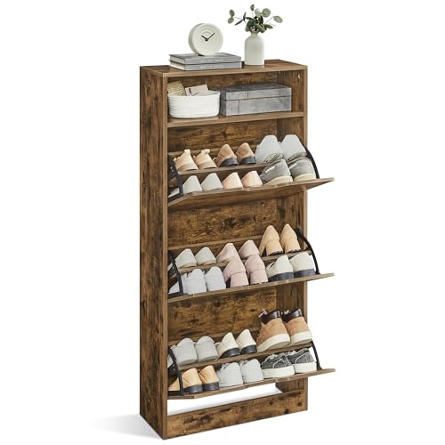 VASAGLE Shoe Cabinet 3 Flip Doors, 4 Tier Shoe Rack, with 1 Open Compartment, Adjustable and Removable Divider, for 14-18 Pairs Shoes, for Narrow Entrance, 24 x 60 x 130 cm, Rustic Brown LBC046B01