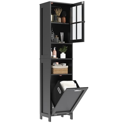 "GoaHi 67.5"" Tall Bathroom Storage Cabinet 40×30×171.5 cm– Slim Freestanding Cupboard with Laundry Basket, Clear Acrylic Door & 2 Open Shelves for Small Bathroom, Laundry Room, Hallway Black"