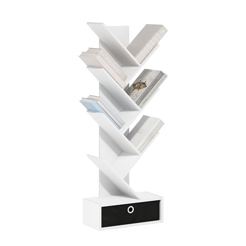 Furinno TREE Book Shelf, 7-Tier Bookshelf, Tree Bookcase with Bin Drawer, 18.8 x 42.9 x 117.3cm, for Living Room, Bedroom, Home Office, White/Black