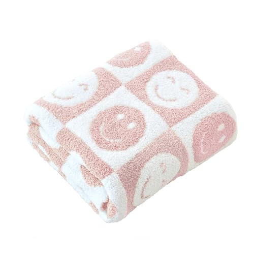 Brnabiou Ultra Soft Cozy Happy Smiling Face Checkered Knitted Throw Blanket Fluffy Microfiber Checkerboard Bed Blanket Lightweight Both Sides Blanket for Couch Sofa Bed (Smile Pink, Throw 50“x60”)