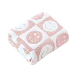 Brnabiou Ultra Soft Cozy Happy Smiling Face Checkered Knitted Throw Blanket Fluffy Microfiber Checkerboard Bed Blanket Lightweight Both Sides Blanket for Couch Sofa Bed (Smile Pink, Throw 50“x60”)