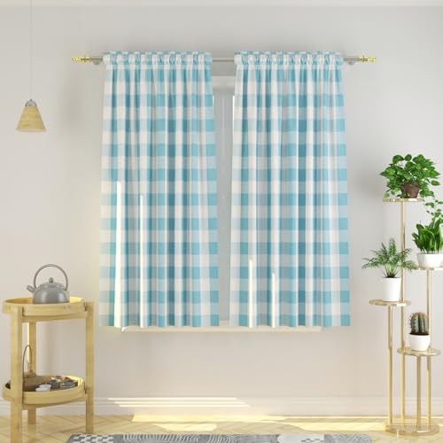 2 Panels Window Treatments Cotton Check Curtains 45 Inch Drop with Rod Loop for Kitchen Living Room Bedroom Basement Light Blue White