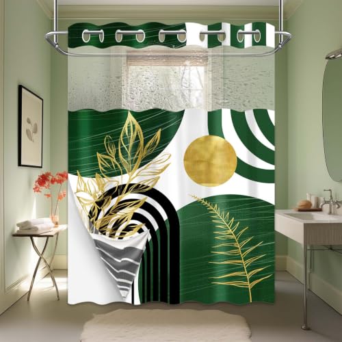 "Yieldeer Boho Hookless Shower Curtain, Olive Dark Green and Gold, 71""x74"" - Mid Century Modern, Snap in Liner Included, Ringless with Window, Waterproof Cloth Fabric"