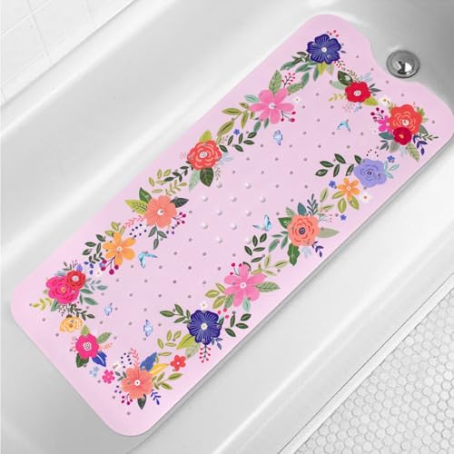 Pink Floral Bathtub Mat Non Slip for Kids 40x16in Extra Long Anti Slip Flower Bath Mat for Tub Bath Shower Mat with Large Drain Holes and Suction Cups Quality Modern Art Plant Design Bathroom Decor