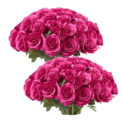 JUSMAI 50pcs Roses Artificial Flowers Real Touch Fake Flowers with Long Stems Silk Flowers for Wedding Bouquet Centerpices Decorations Party Bridal Baby Shower Home Decor (Hot Pink)