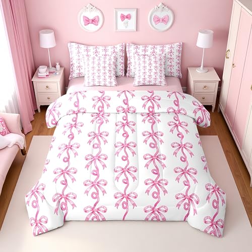Erosebridal Pink Bow Queen Bedding Set 7 Piece for Girls - Pink Ribbon Bow Tie Comforter Set with Sheets for Kids Women, Cute Coquette Bows Striped Bed in a Bag, Princess Bowtie Fitted Flat Sheet