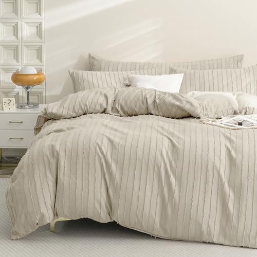JELLYMONI Light Khaki Striped Tufted Duvet Cover Set Twin Size - Soft Breathable, Cotton-Like Feel, Storage Bag, 8 Corner Ties & Hidden Zipper, Oeko-Tex Certified