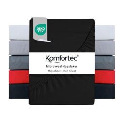 Komfortec Microfibre Fitted Sheet 160 x 200 cm Soft Fitted Sheet with Elasticated Edging for Mattresses up to 30 cm Black Oeko-Tex Easy Care and Skin-Friendly 90 g/m²