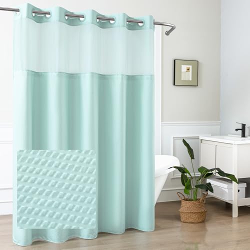 Mrs Awesome No Hook Shower Curtain with Snap-in Liner, Embossed Waffle Design Fabric Shower Curtain for Bathroom, Soft & Lightweight, 71x74, Sky Blue