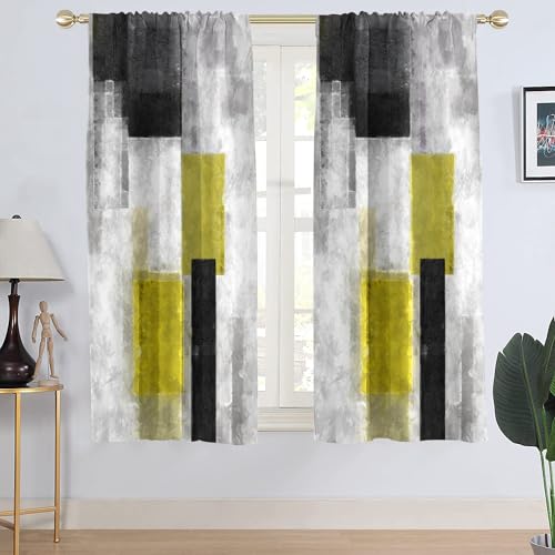 "AAtter Yellow Abstract Window Curtain Grey Gray Black and White Geometric Art Minimalist Retro Aesthetic Fun Living Room Bedroom Window Drapes Treatment Fabric 1 Pair Home Decor, 42"" W x 63"" L, Modern"