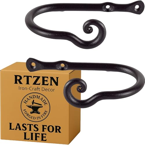 RTZEN Small Wall Curtain Holders - Farmhouse Curtain Hooks - Black Wrought Iron Tiebacks - 2 Pcs