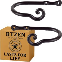 RTZEN Small Wall Curtain Holders - Farmhouse Curtain Hooks - Black Wrought Iron Tiebacks - 2 Pcs