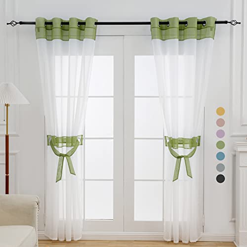 L.Z.E Sage Green and White Sheer Curtains 72 Inches Long 2 Panels Set Window Curtain for Living Room Bedroom, Lightweight Transparent Sheers Drapes Voile Grommet Window Treatment with Tiebacks