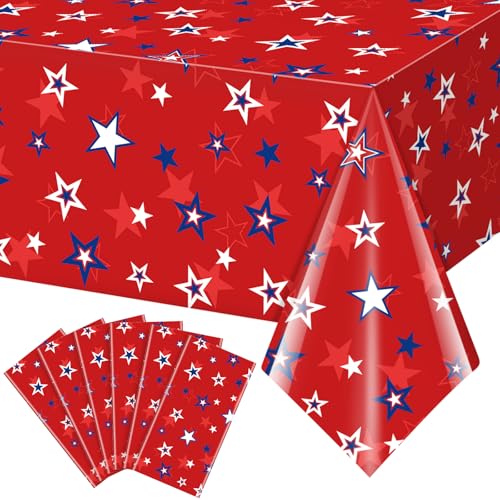 6 Pack 4th of July Independence Day Tablecloth Decorations, Plastic American Patriotic Red White Blue Disposable Rectangle Table Cover with Stars for Memorial Day Themed Party Supplies, 54x108 Inch