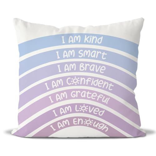 QIYUHOY Royal Purple Boho Rainbow Classroom Throw Pillow Covers, 24x24 Inch - Book Center Calming Corner Playroom Decor Pillow Case, Purple Pillow Cover, I Am Kind Smart Brave Confidence