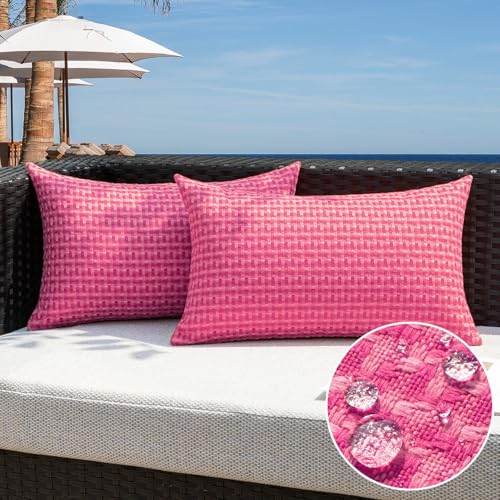 Kevin Textile Outdoor Waterproof Throw Pillow Covers Pack of 2 Valentines Day Farmhouse Decorative Cushion Covers for Garden Patio Tent Balcony Bench Couch Sofa 12x20 Inch, Hot Pink