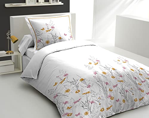 Home Linge Passion Duvet Cover Set 140 x 200 cm – 2 Pieces – Soft Cotton Percale – Duvet Cover + Pillowcase – White & Yellow – L'Insoumise Model