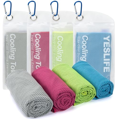 "YESLIFE 4 Pack Cooling Towel 40""x12"", Cooling Towels for Neck and Face, Soft Breathable Ice Towel for Yoga, Running, Sport, Workout, Camping, Fitness & More (Blue, Grey, Green, Pink)"