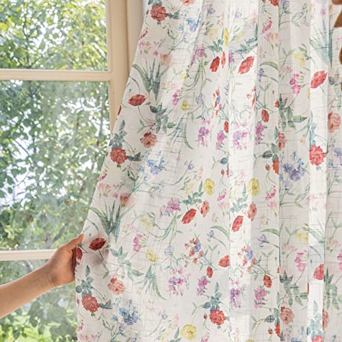 SUOUO Linen Textured Semi-Sheer Floral Curtains for Living Room Print Flowers Light Filtering Window Drapes Set for Bedroom Dining 84 inches Long 2 Panels Rod Pocket Red