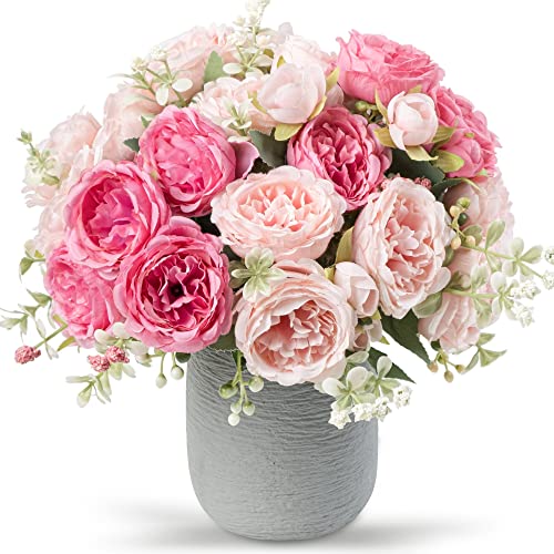 Artificial Peonies Silk Flowers, Pink Faux Peony Bouquet 4 Bundles Florals Arrangements Decor for Farmhouse Home Boho Wedding Table Centerpiece, Fake Plastic Flower Bulk for Vase Decoration (Mix Pink)