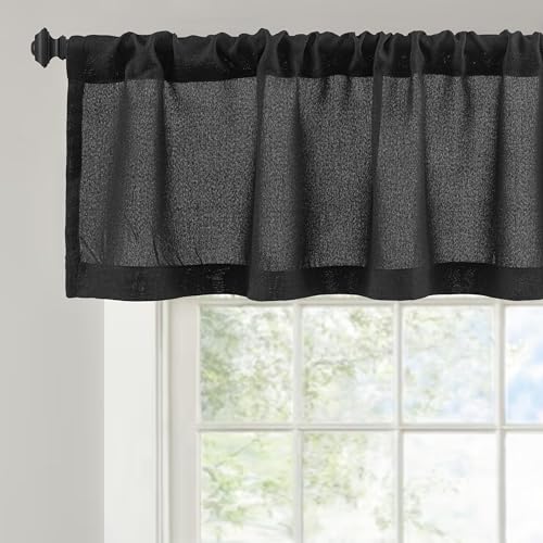 DriftAway Linen Textured Window Valance for Kitchen Semi Sheer Light Filtering 3 Inch Rod Pocket Farmhouse Country Rustic Window Curtain Valances 14 inch Length for Bathroom Living Room Black