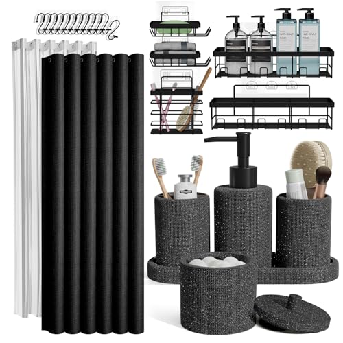 Clara Clark Bathroom Set - Coal Black Bathroom Accessories Set, 24PC Bathroom Accessory Set, Bathroom Sets with Shower Curtain Set, Adhesive Corner Shower Caddy Hanging & Soap Dispenser