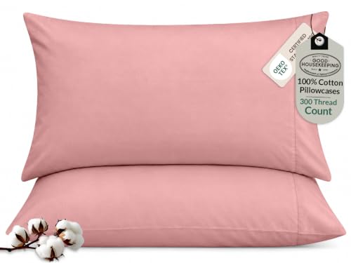 "ROYALE LINENS 300 Thread Count 100% Long Staple Combed Cotton Pillowcases Set of 2 - Ultra Soft - King Bed Pillow Cover - 20""x40"" - Breathable, Cool & Crisp Percale White Pillow Cases (King, Pink)"