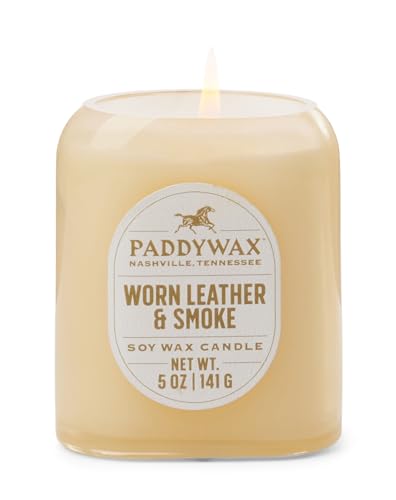 Paddywax Scented Candles Vista Collection Vintage Style Artisan Candle in Frosted Glass, 142g, Worn Leather & Smoke