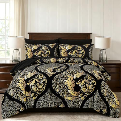 "Anibedding Black Gold Comforter Set California King Size, 7 Pieces Bohemian Damask Comforter Set Soft Lightweight Microfiber Bedding Set for All Season (104""x96"")"