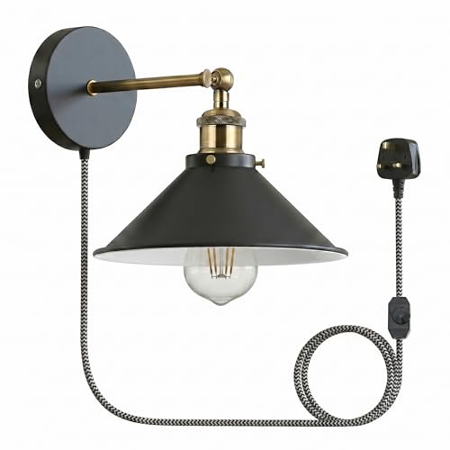 Industrial Style Led Wall Light Plug-in Night Light E27 Retro Metal Black Wall Sconce Adjustable Aesthetic Lamp Fixture for Stair Hallway Bedroom Beside Living Room