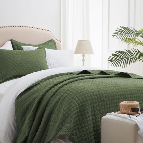 "SunStyle Home Luxury Olive Green Quilt Set Queen Lightweight Bedspread Full Soft Reversible Coverlet for All Season 3pcs Army Green Diamond Quilted Bedding Sets (1 Quilt 2 Pillow Shams)(90""x96"")"