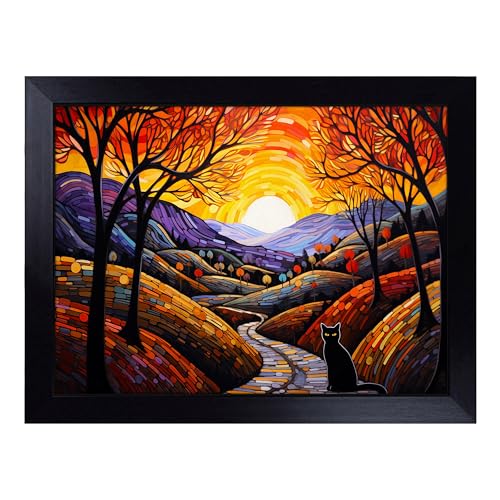 Lap Tray with Bean Bag Cushion, Cat Landscape Art - Handmade in the UK, Raised Wooden Edge, Padded Cushion, Heat-Resistant Wipe-Clean Surface, for Meals, Laptops and Crafts