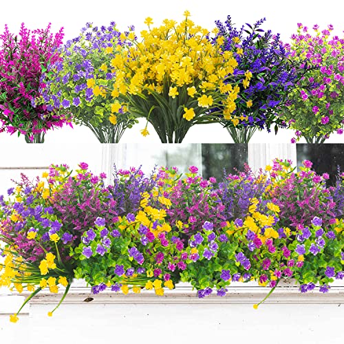 Grunyia 20 Bundles Artificial Flowers Outdoor UV Resistant No Fade Fake Plants Faux Plastic Shrubs for Garden Patio Porch Window Box Home Wedding Farmhouse Hanging D??cor