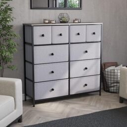 Vida Designs Chorley 10 Drawer Chest Of Drawers Fabric Storage Organizer Unit With Wood Top, Metal Frame & Handles - Ideal For Bedroom, Living Room, Nursery - Beige & Grey Wood