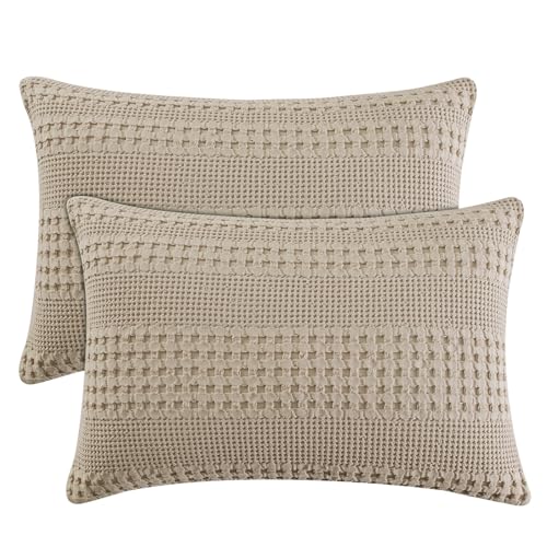 "PHF 100% Cotton Waffle Pillow Shams Standard Size, 2 Pack 20"" x 26"" Soft Skin-Friendly Pillowcases, No Filling, Aesthetic Woven and Breathable Waffle Weave Pillow Case Covers for Bed, Simply Taupe"