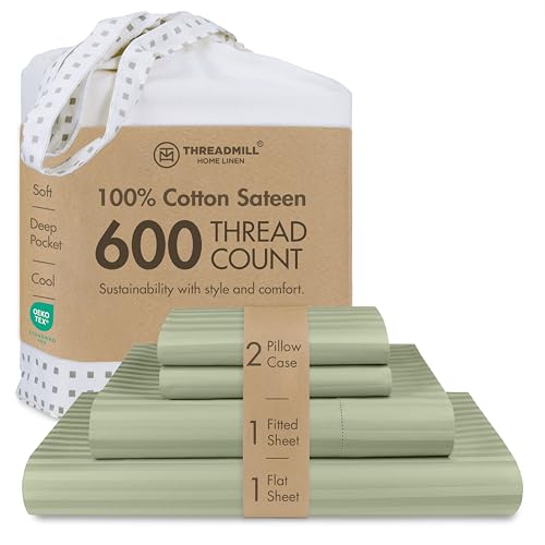 "Threadmill 600TC Cotton Queen Sheet Set, Sateen, Damask Stripe, Sage - 100% Cotton, Sateen Weave, Damask Stripe Pattern, 4-Piece Set, 16"" Deep Pocket, Cooling, OEKO-TEX Certified, Machine Washable"