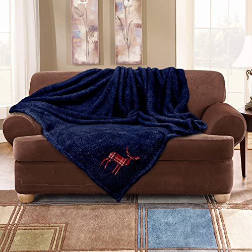GC GAVENO CAVAILIA Super Soft Fluffy Sofa Bed Blanket, Teddy Emb Fleece Throw, Warm Sherpa Stag Throws, Navy, 150X200