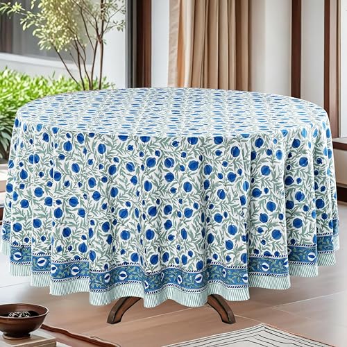 Ridhi Round Tablecloth Hand Block Print 100% Cotton Reusable Queen Blue 120 Inch Table Cover Decorative Everyday Use for Dining, Home, Party, Wedding, Farmhouse, Party Gift for Spring, Mother's Day